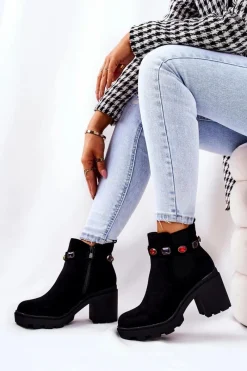 Botki Na Słupku|Botki Zimowe Damskie>Boto Botki Damskie Na Słupku z Kryształami Czarne Makbet