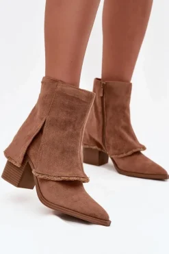Online Botki Damskie Na Słupku Z Wywiniętą Cholewką Jasnobrązowe Idalia Damskie Botki Na Słupku|Botki Na Obcasie