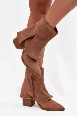 Online Botki Damskie Na Słupku Z Wywiniętą Cholewką Jasnobrązowe Idalia Damskie Botki Na Słupku|Botki Na Obcasie