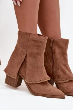 Online Botki Damskie Na Słupku Z Wywiniętą Cholewką Jasnobrązowe Idalia Damskie Botki Na Słupku|Botki Na Obcasie