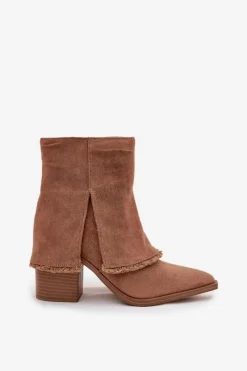 Online Botki Damskie Na Słupku Z Wywiniętą Cholewką Jasnobrązowe Idalia Damskie Botki Na Słupku|Botki Na Obcasie