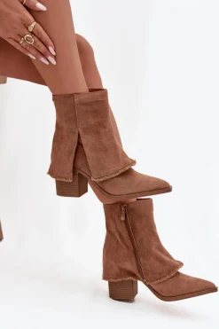 Online Botki Damskie Na Słupku Z Wywiniętą Cholewką Jasnobrązowe Idalia Damskie Botki Na Słupku|Botki Na Obcasie