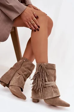 Sale Boto Botki Damskie Na Słupku Z Frędzlami I Złotymi Klamrami Beżowe Evelisse Beżowy