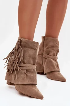 Sale Boto Botki Damskie Na Słupku Z Frędzlami I Złotymi Klamrami Beżowe Evelisse Beżowy