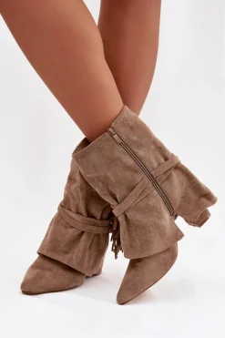 Sale Boto Botki Damskie Na Słupku Z Frędzlami I Złotymi Klamrami Beżowe Evelisse Beżowy