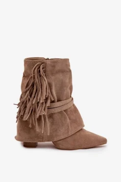 Sale Boto Botki Damskie Na Słupku Z Frędzlami I Złotymi Klamrami Beżowe Evelisse Beżowy