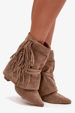 Sale Boto Botki Damskie Na Słupku Z Frędzlami I Złotymi Klamrami Beżowe Evelisse Beżowy