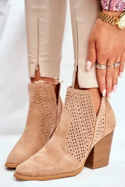 Discount Boto Botki Damskie Na Słupku Zamszowe Ażurowe Beżowe Shades