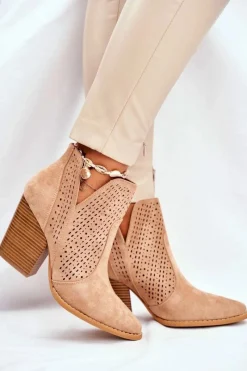Discount Boto Botki Damskie Na Słupku Zamszowe Ażurowe Beżowe Shades