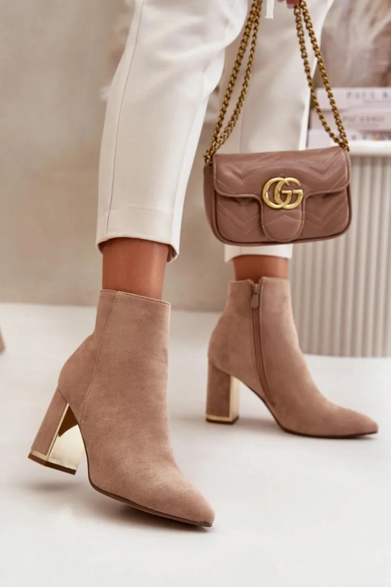 Botki Na Słupku|Botki Na Obcasie>Boto Botki Damskie Na Słupku Zapinane Na Zamek Ocieplane Eko Zamszowe Jasnobrązowe Mevair