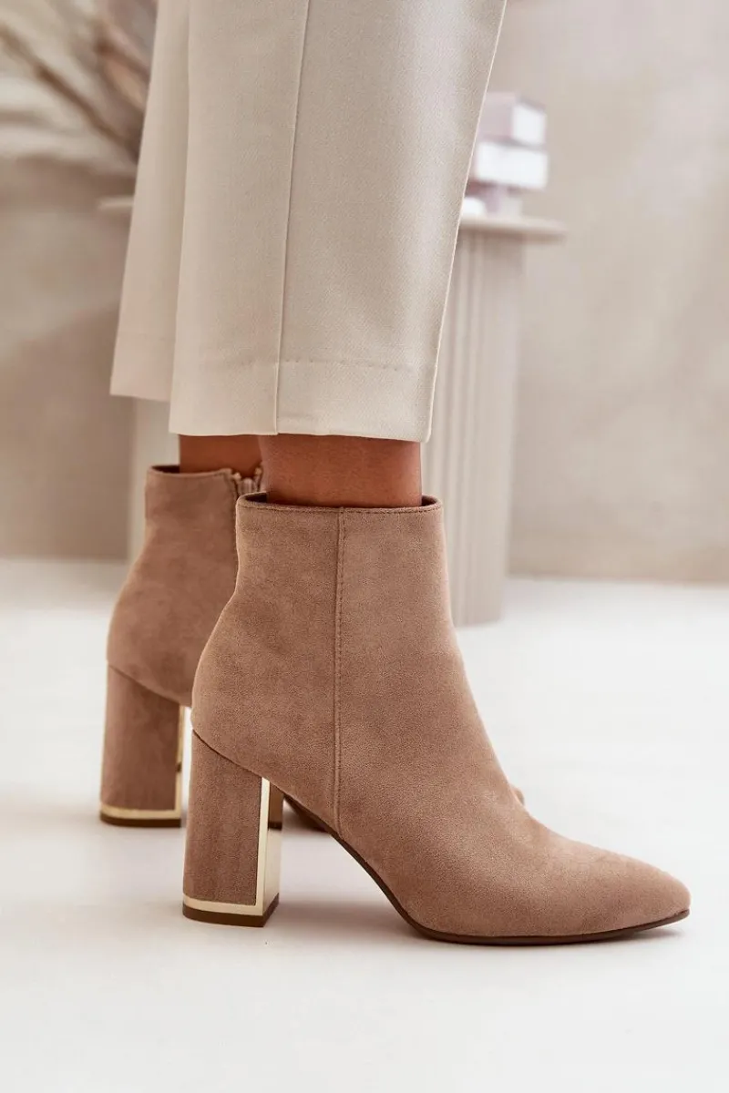 Botki Na Słupku|Botki Na Obcasie>Boto Botki Damskie Na Słupku Zapinane Na Zamek Ocieplane Eko Zamszowe Jasnobrązowe Mevair