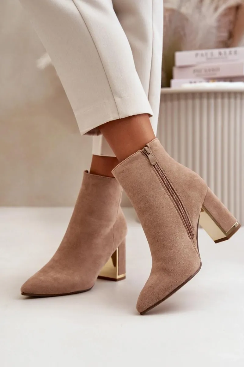 Botki Na Słupku|Botki Na Obcasie>Boto Botki Damskie Na Słupku Zapinane Na Zamek Ocieplane Eko Zamszowe Jasnobrązowe Mevair