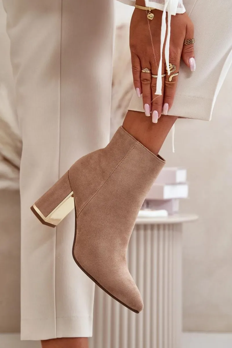 Botki Na Słupku|Botki Na Obcasie>Boto Botki Damskie Na Słupku Zapinane Na Zamek Ocieplane Eko Zamszowe Jasnobrązowe Mevair