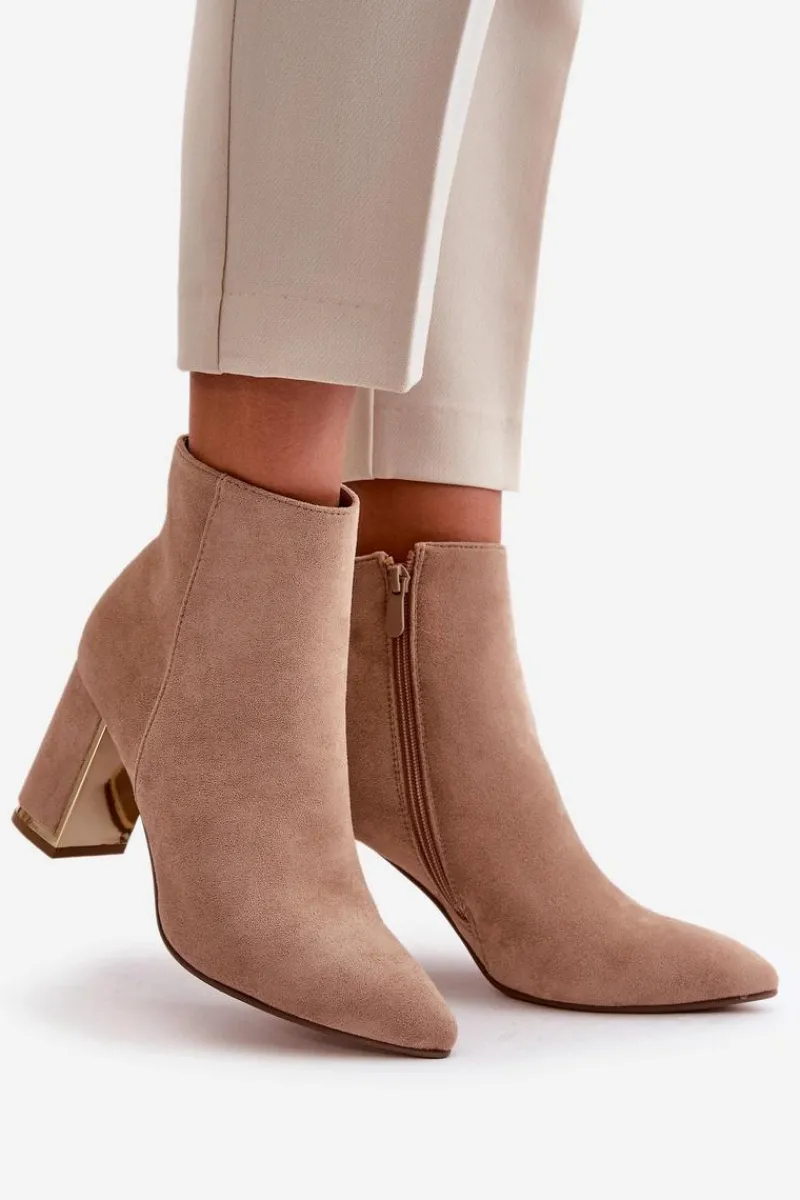 Botki Na Słupku|Botki Na Obcasie>Boto Botki Damskie Na Słupku Zapinane Na Zamek Ocieplane Eko Zamszowe Jasnobrązowe Mevair