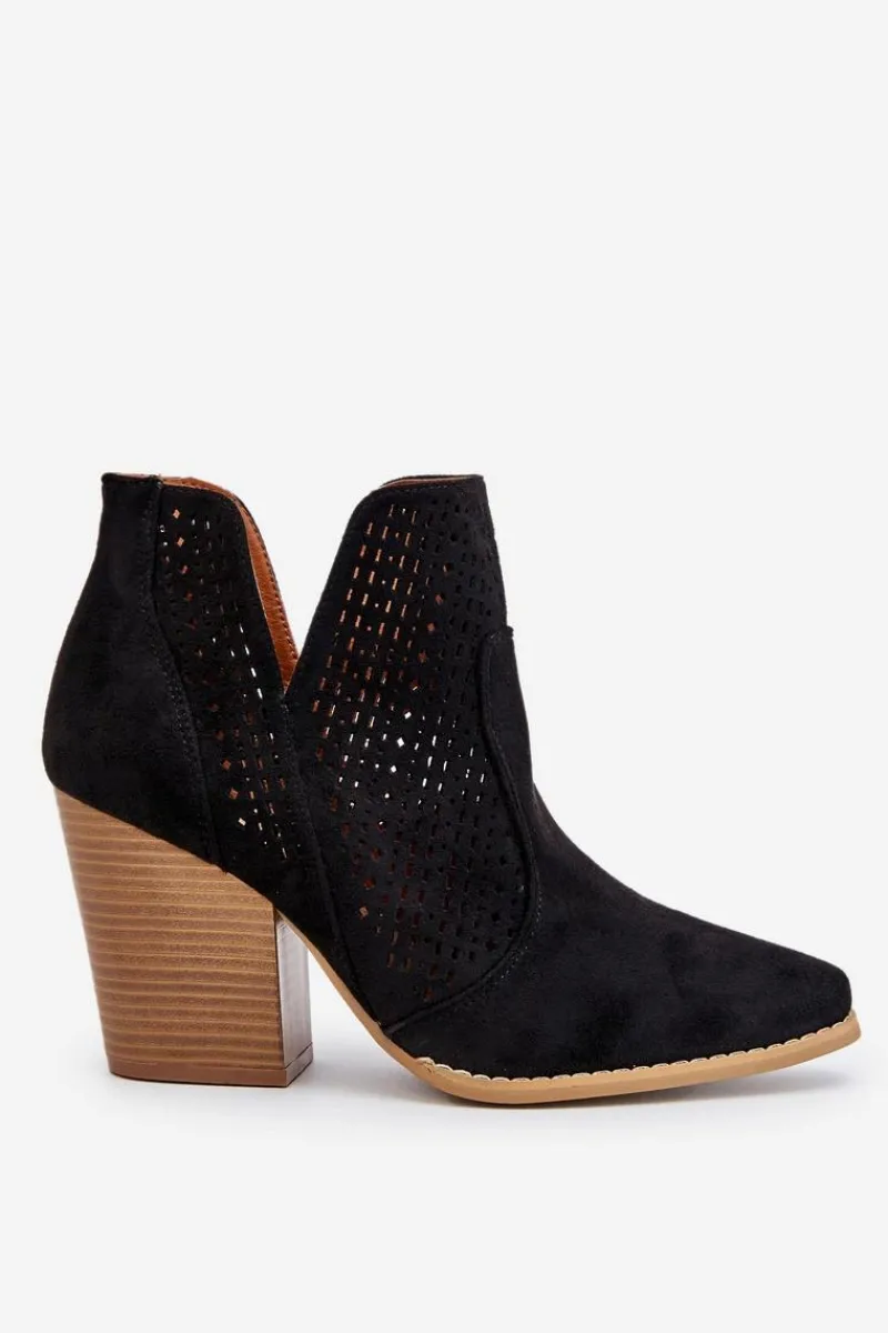 Botki Wiosenne|Botki Na Słupku>Boto Botki Damskie Na Słupku Zamszowe Ażurowe Czarne Shades