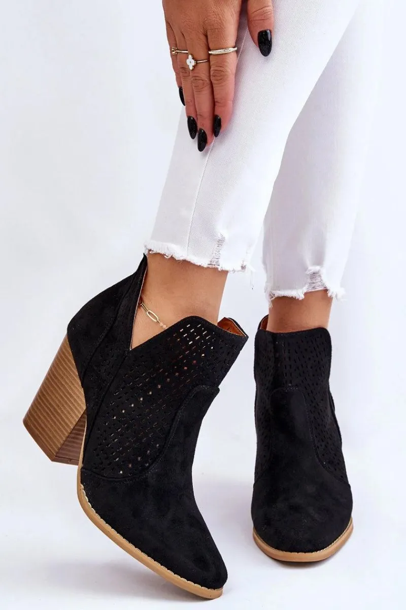 Botki Wiosenne|Botki Na Słupku>Boto Botki Damskie Na Słupku Zamszowe Ażurowe Czarne Shades