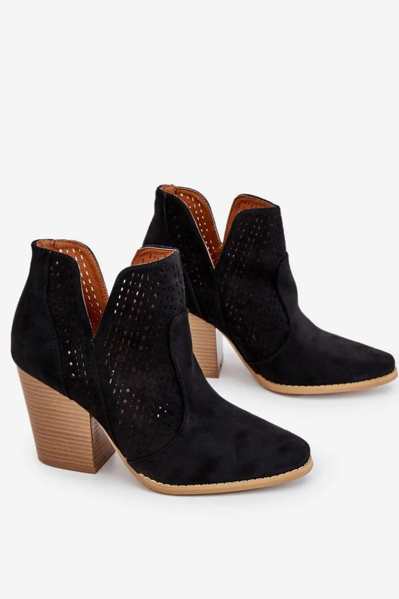 Botki Wiosenne|Botki Na Słupku>Boto Botki Damskie Na Słupku Zamszowe Ażurowe Czarne Shades