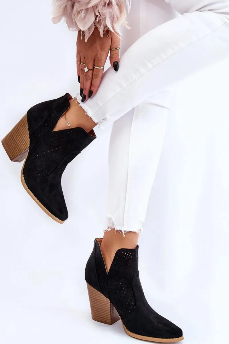 Botki Wiosenne|Botki Na Słupku>Boto Botki Damskie Na Słupku Zamszowe Ażurowe Czarne Shades