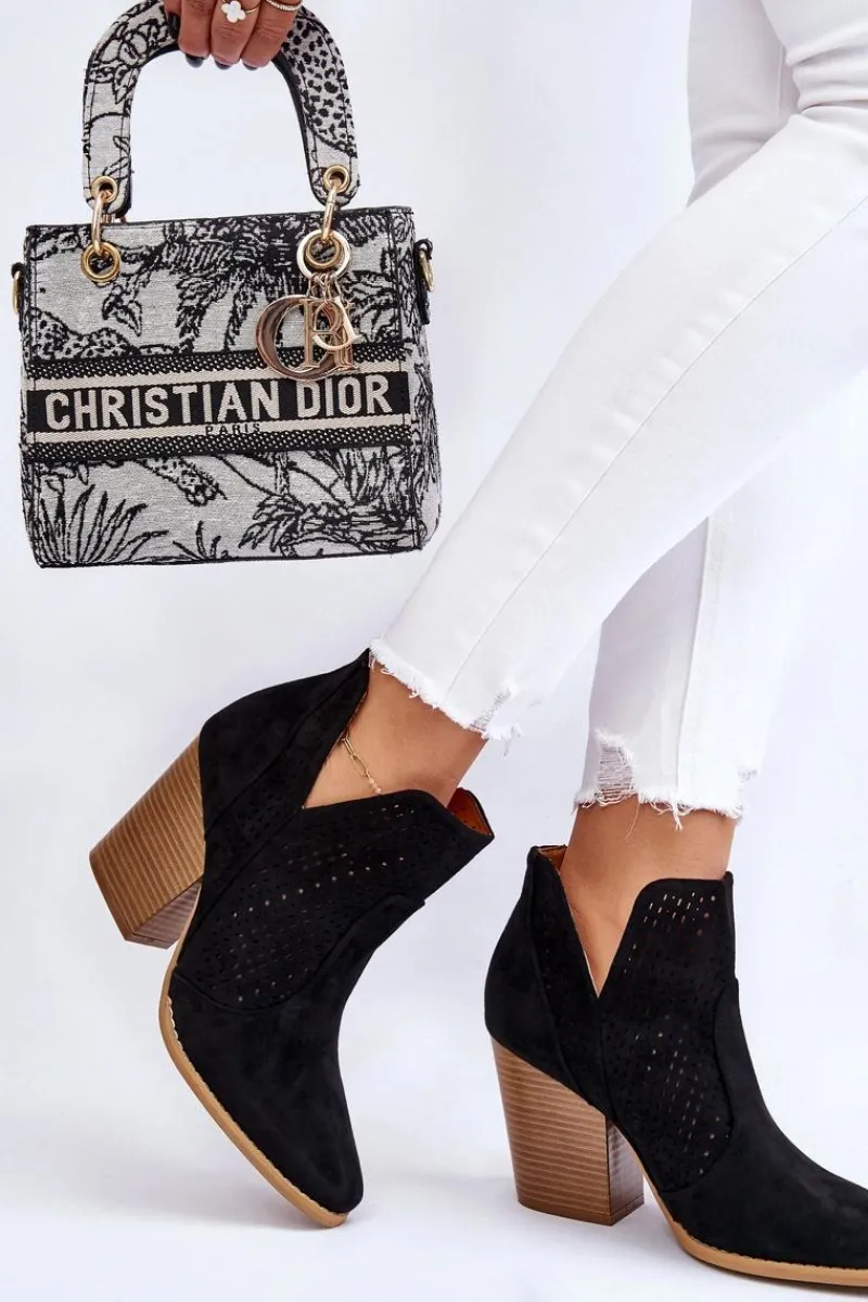 Botki Wiosenne|Botki Na Słupku>Boto Botki Damskie Na Słupku Zamszowe Ażurowe Czarne Shades