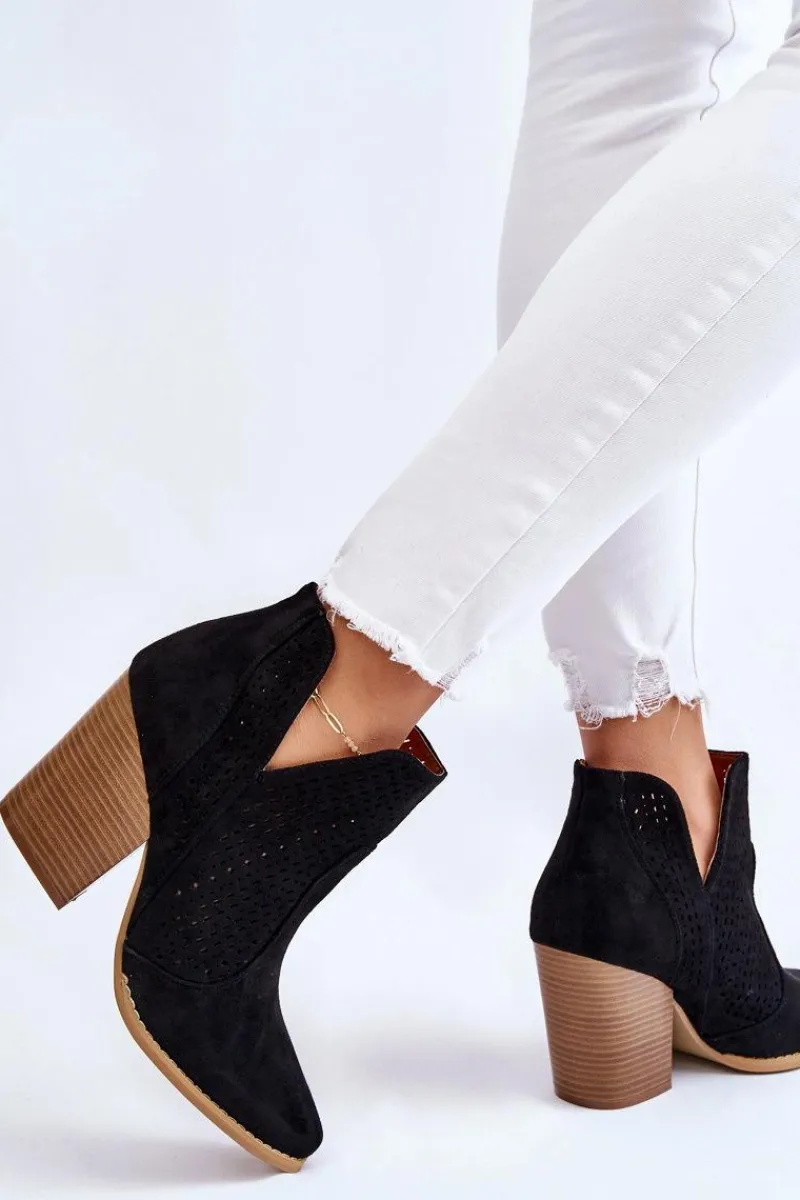 Botki Wiosenne|Botki Na Słupku>Boto Botki Damskie Na Słupku Zamszowe Ażurowe Czarne Shades