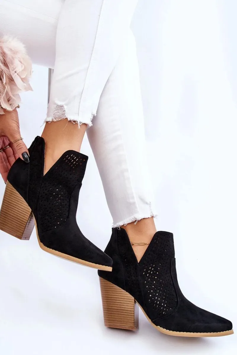 Botki Wiosenne|Botki Na Słupku>Boto Botki Damskie Na Słupku Zamszowe Ażurowe Czarne Shades