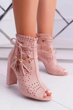 Outlet Botki Damskie Na Słupku Zamszowe Różowe Corinne Damskie Botki Na Słupku|Botki Zamszowe