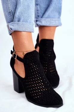 Sale Boto Botki Damskie Na Słupku Zamszowe Ażurowe Czarne Morrena