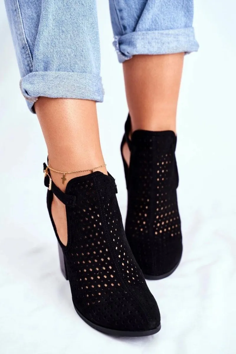 Sale Boto Botki Damskie Na Słupku Zamszowe Ażurowe Czarne Morrena