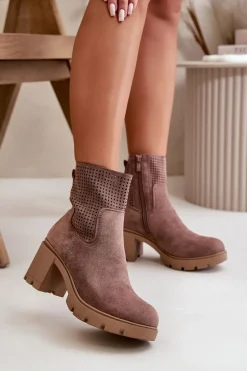 Outlet Botki Damskie Na Słupku Zapinane Na Zamek Eko Zamszowe Brązowe Rashmi Damskie Botki Ocieplane|Botki Ażurowe