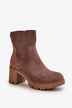 Outlet Botki Damskie Na Słupku Zapinane Na Zamek Eko Zamszowe Brązowe Rashmi Damskie Botki Ocieplane|Botki Ażurowe