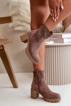 Outlet Botki Damskie Na Słupku Zapinane Na Zamek Eko Zamszowe Brązowe Rashmi Damskie Botki Ocieplane|Botki Ażurowe