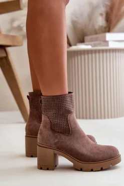 Outlet Botki Damskie Na Słupku Zapinane Na Zamek Eko Zamszowe Brązowe Rashmi Damskie Botki Ocieplane|Botki Ażurowe