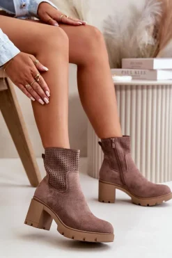 Outlet Botki Damskie Na Słupku Zapinane Na Zamek Eko Zamszowe Brązowe Rashmi Damskie Botki Ocieplane|Botki Ażurowe