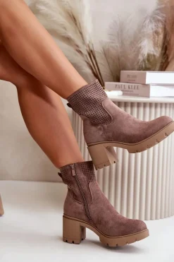 Outlet Botki Damskie Na Słupku Zapinane Na Zamek Eko Zamszowe Brązowe Rashmi Damskie Botki Ocieplane|Botki Ażurowe