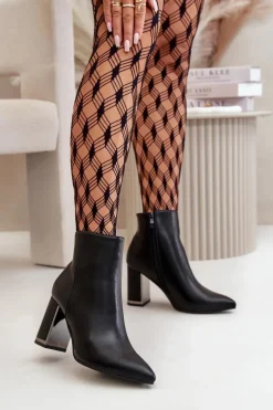 Outlet Botki Damskie Na Słupku Zapinane Na Zamek Ocieplane Eko Skórzane Czarne Mevair Damskie Botki Na Słupku|Botki Na Obcasie