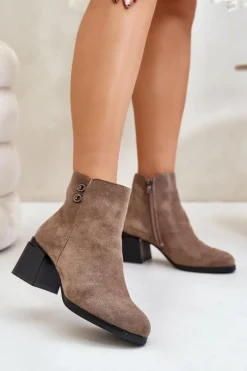 Clearance Botki Damskie Na Słupku Zapinane Na Zamek Ciemnobeżowe Tinamar Damskie Botki Na Słupku|Brązowe I Beżowe Botki