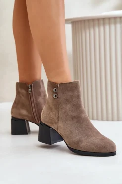 Clearance Botki Damskie Na Słupku Zapinane Na Zamek Ciemnobeżowe Tinamar Damskie Botki Na Słupku|Brązowe I Beżowe Botki