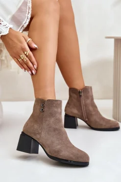 Clearance Botki Damskie Na Słupku Zapinane Na Zamek Ciemnobeżowe Tinamar Damskie Botki Na Słupku|Brązowe I Beżowe Botki