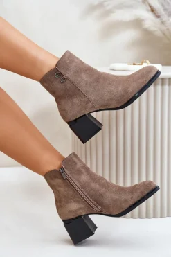 Clearance Botki Damskie Na Słupku Zapinane Na Zamek Ciemnobeżowe Tinamar Damskie Botki Na Słupku|Brązowe I Beżowe Botki