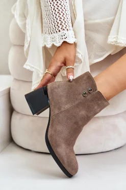 Clearance Botki Damskie Na Słupku Zapinane Na Zamek Ciemnobeżowe Tinamar Damskie Botki Na Słupku|Brązowe I Beżowe Botki