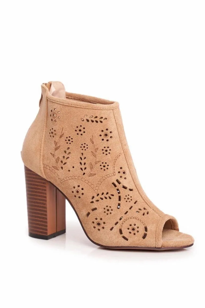 Hot Boto Botki Damskie Na Słupku Zamszowe Ażurowe Beżowe Papillon