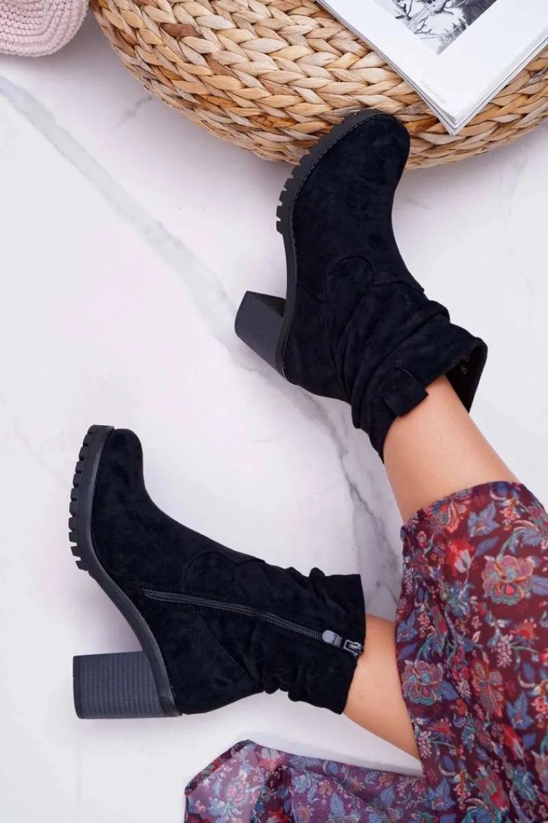 Outlet Boto Botki Damskie Na Słupku Zamsz Czarne Celma