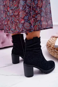 Outlet Boto Botki Damskie Na Słupku Zamsz Czarne Celma