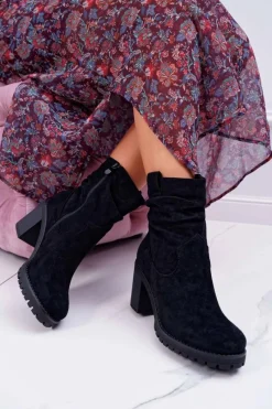 Outlet Boto Botki Damskie Na Słupku Zamsz Czarne Celma