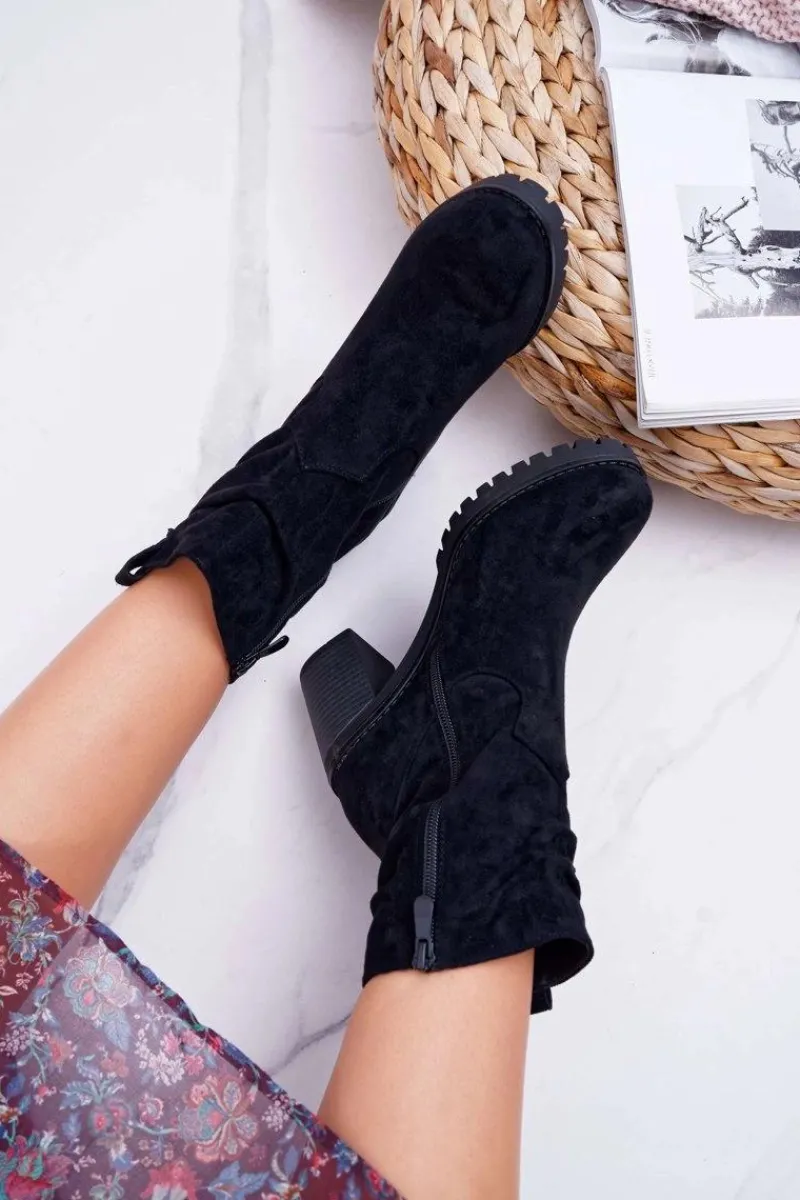 Outlet Boto Botki Damskie Na Słupku Zamsz Czarne Celma