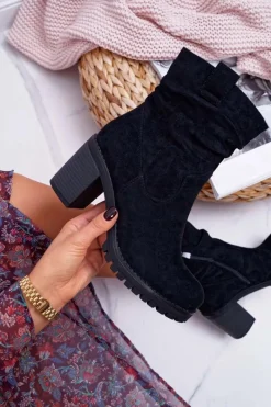 Outlet Boto Botki Damskie Na Słupku Zamsz Czarne Celma