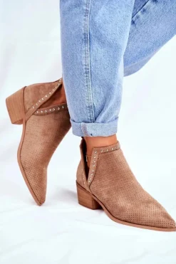 Discount Boto Botki Damskie Na Słupku Zamszowe Ażurowe Beżowe Margate