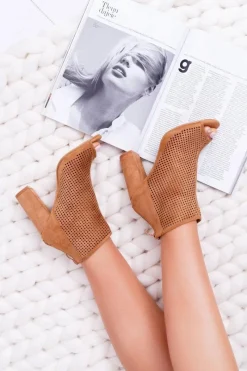 Clearance Botki Damskie Na Słupku Zamszowe Camel Jessin Damskie Botki Na Słupku|Brązowe I Beżowe Botki