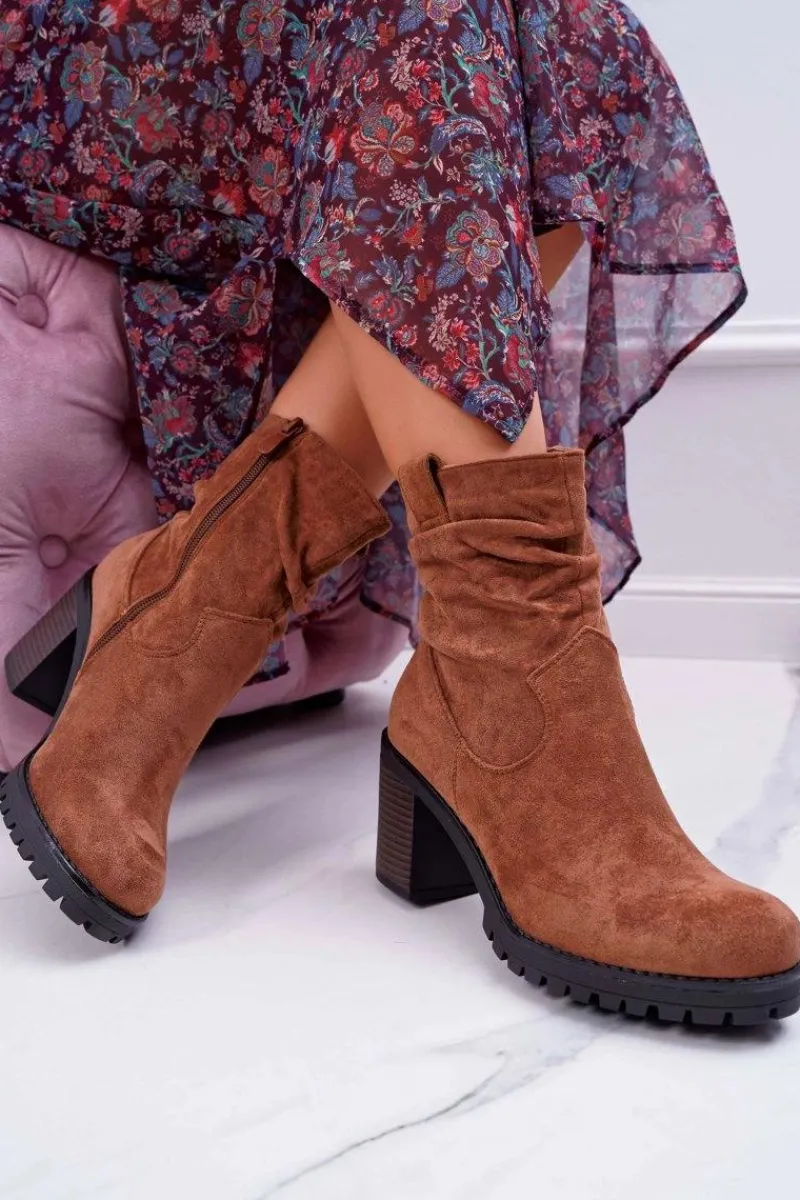 Botki Na Słupku|Botki Zimowe Damskie>Boto Botki Damskie Na Słupku Zamsz Camel Celma