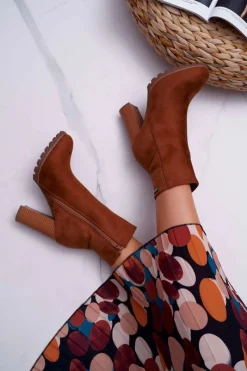 Discount Botki Damskie na Słupku Zamszowe Camel Cadillac Damskie Botki Na Słupku|Brązowe I Beżowe Botki